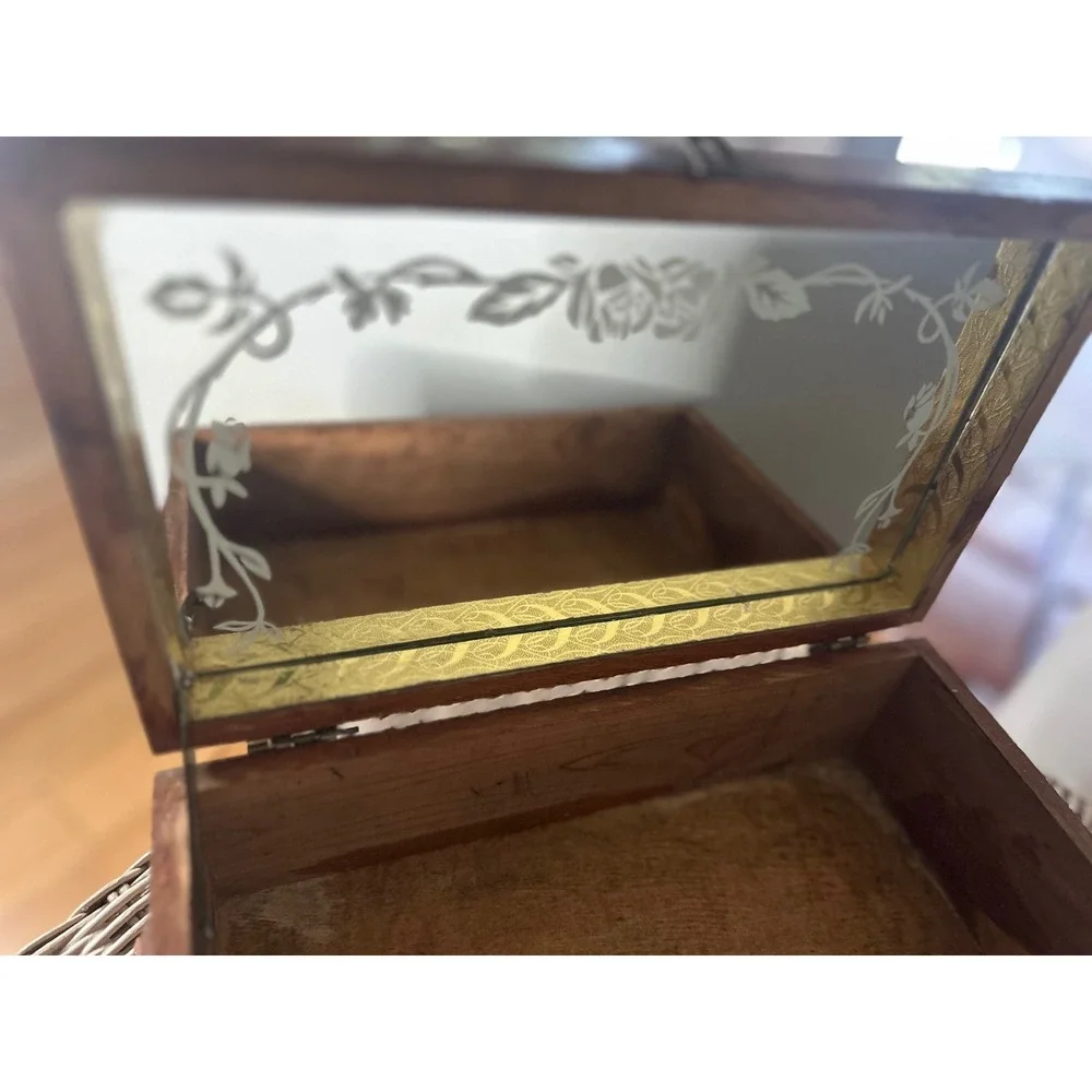Vintage Hand Carved Cedar Wood Jewelry Box etched Mirror Windmill Footed 50s